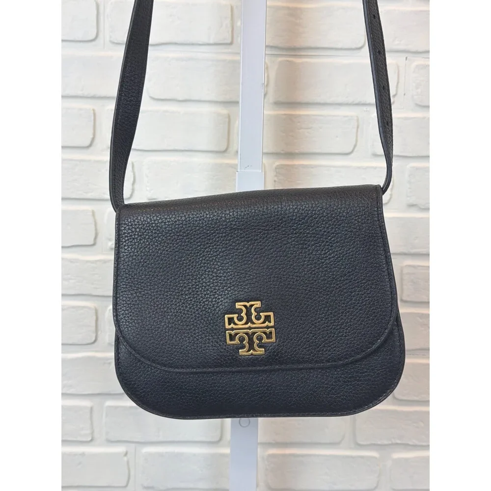 Tory Burch Britten Pebbled Leather Crossbody Black Gold Hardware